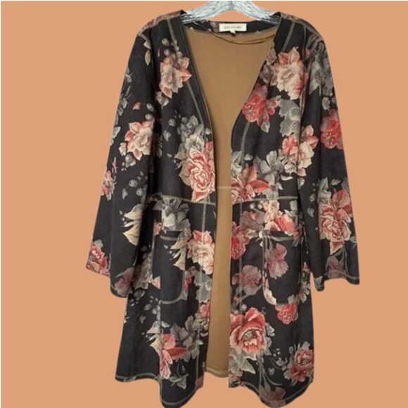 Catherine Malandrino Floral Faux Suede Long Open Front Jacket S - Picture 5 of 7